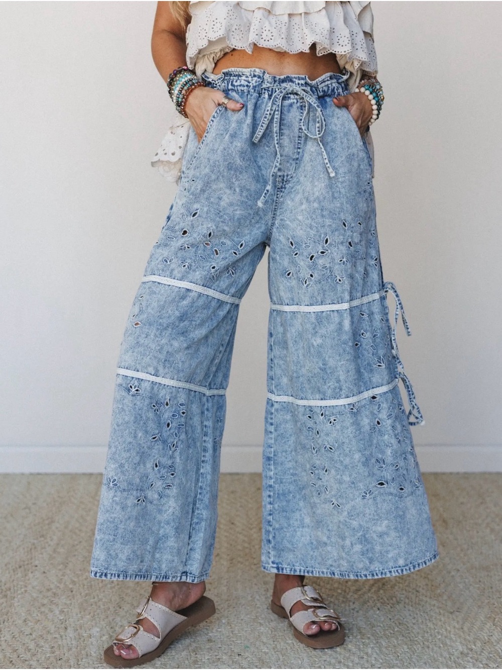 Everyday Chic Embroidered Vine Wide Leg Denim Pants Boho Eyelet Lace Side Tie
